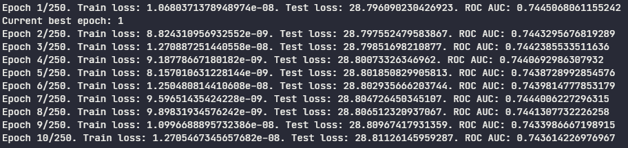 Printing epochs summary during training of the neural network model (complementary probability of the output)